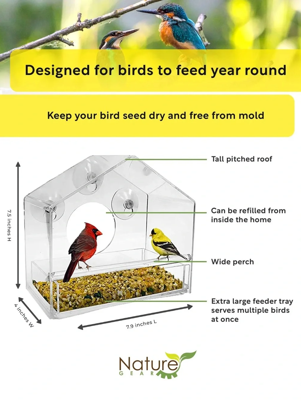 Nature Gear Clear Acrylic Window Bird Feeder NEW NO BOX Extra Suction Cup